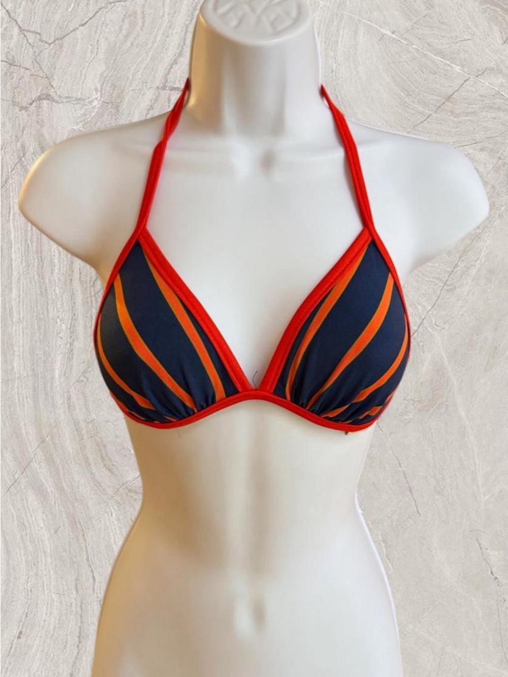 Vintage 90s Striped Triangle Bikini Top Orange & Navy Retro Swimwear 2000s